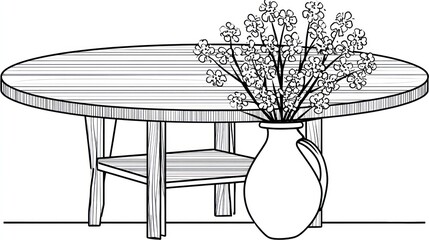 Monochromatic still life of wooden table and floral arrangement