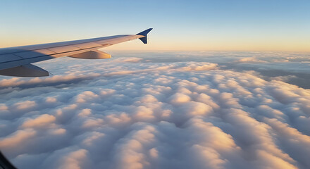 Obraz premium Aerial View of White Clouds from Airplane Window – Scenic Sky Landscape Above the Clouds with Bright Blue Horizon 