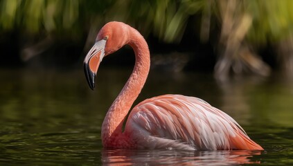 Fototapeta premium Flamingo bird standing in water, showcasing its vibrant body and features, highlighting its natural habitat
