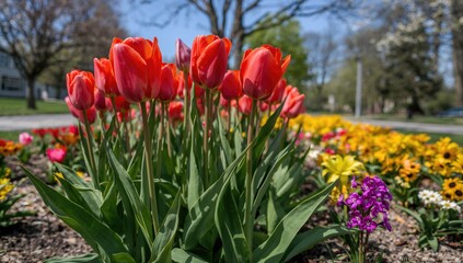 Vibrant red tulips in bloom, ideal for editorial header background