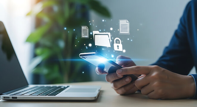 Person using a smartphone displaying digital file icons and a lock icon, next to a laptop computer.