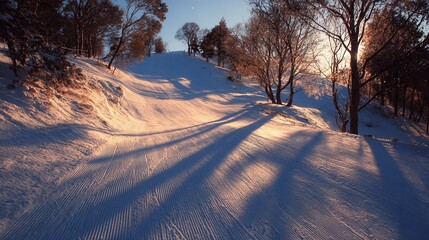 Groomed ski slope bathed in golden light with long tree shadows.