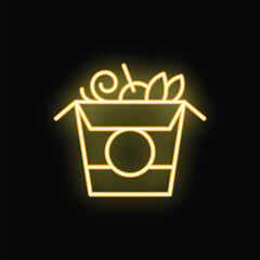 Bright yellow neon sign showing an asian food take away box