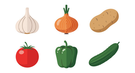 Set of isometric vegetables with garlic, onion, potato, tomato, bell pepper, and cucumber