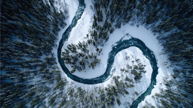 Aerial Shot of a Winding Frozen River Amidst Snowy Forest - Powered by Adobe