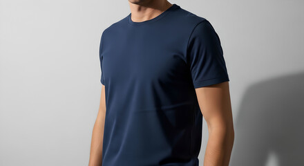Blank navy blue crewneck t-shirt mockup on male model
