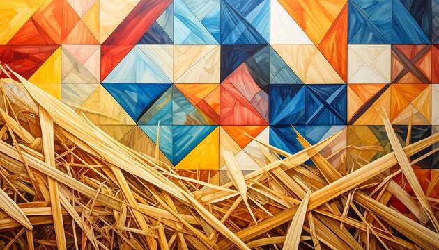 Geometric abstract painting with an arrangement of colorful triangular shapes contrasts against a foreground of dried straw