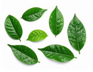 Obraz premium ** Vibrant green leaves with water droplets on a white background, representing freshness and nature's beauty. **