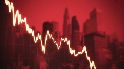 Stock market downturn with the city silhouette in the background, a visual representation of economic recession and decline. The downward trending graph symbolizes financial challenges