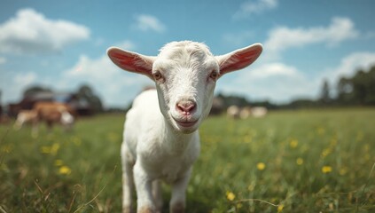Obraz premium Humorous portrait of a small goat on a farm, showcasing livestock behavior, rural setting