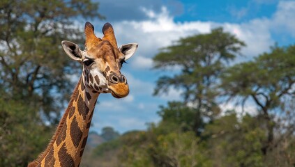 Obraz premium Close-up of a female giraffe with trees and sky behind her