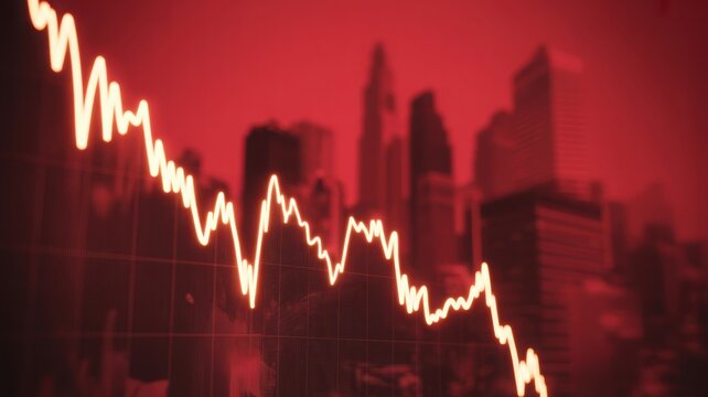 Stock market downturn with the city silhouette in the background, a visual representation of economic recession and decline. The downward trending graph symbolizes financial challenges