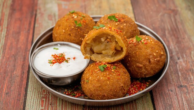 Royal-style Raj-Kachori filled with potato and sprouts, accompanied by yogurt, chutney, and sev on a vibrant or wooden surface, isolated with focused detail