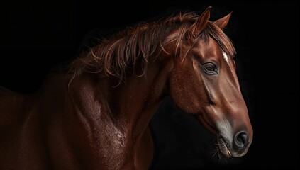 Obraz premium Chestnut sport horse portrait on dark backdrop, showcasing equine elegance and strength