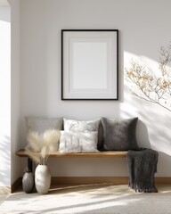 A bench with pillows and a vase on it