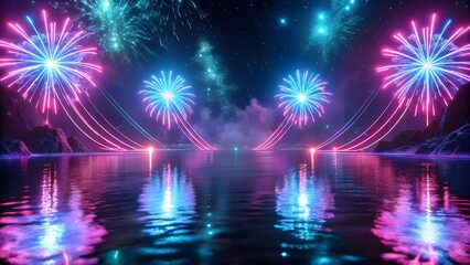 Vibrant neon fireworks explode over a reflective lake at night with glowing lights
