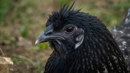 Close-up of a stunning poultry face in a natural farm setting
