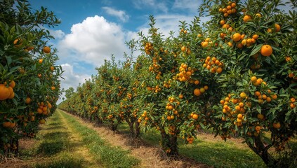 Citrus orchard full of mature fruits ready for picking during harvest time