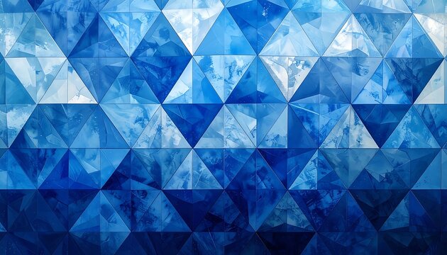 Geometric abstract wall art comprised of triangular tiles. Various shades of blue create depth and texture. Each shape appears to be reflective