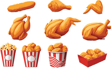 Fried chicken icons, crispy drumsticks, chicken wings, fast food tray, popcorn bucket, takeaway meal, flat vector illustration, restaurant design