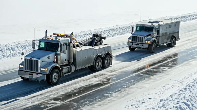 Heavy duty tow truck pulling broken down armored truck on icy winter road with snow, transportation footage