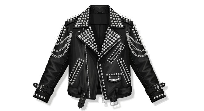 Stylish Black Leather Jacket with Silver Spikes Chains and Zippers.