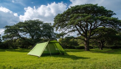 A camping tent pitched on a green meadow.