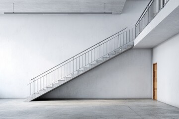 Minimalist interior features an ascending concrete staircase with metallic railings against stark white walls