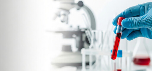 Doctor or scientist holding blood test tube in a laboratory for diagnostic examination. Banner template for healthcare research, vitamin balance and hormones, dna and genetic diseases with copy space.