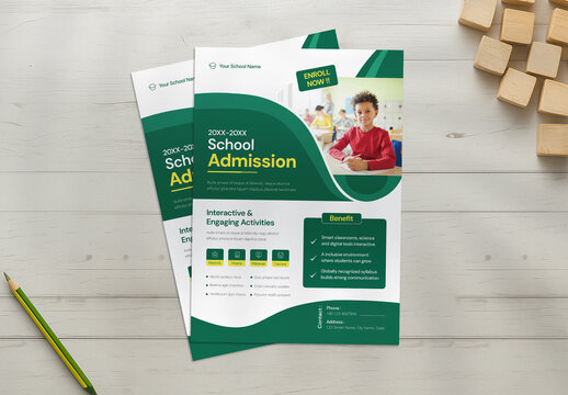 Modern School Admission Flyer Design Layout with Green Accents