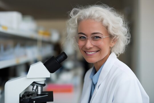 Mature caucasian female scientist in laboratory with microscope