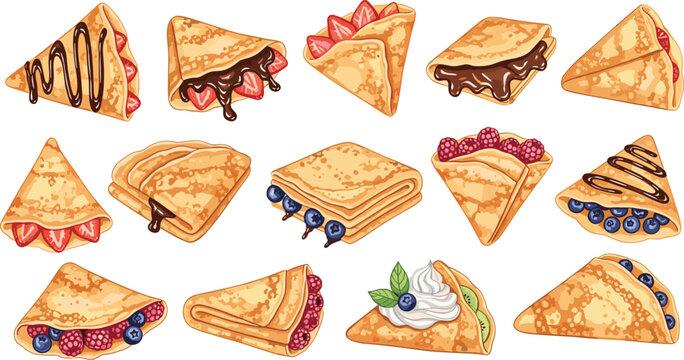 Delicious sweet crepes with chocolate, berries, cream, and fruit filling, dessert collection, tasty bakery food, breakfast treats, flat vector illustration