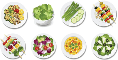 Healthy vegetarian food set, grilled vegetables, fresh salad, asparagus, veggie skewers, organic meal, nutritious lunch and dinner, flat vector illustration