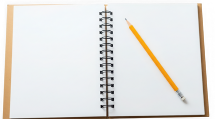 Open spiral bound notebook with blank pages and a yellow pencil, isolated on transparent background