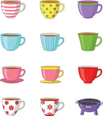 Colorful tea and coffee cups collection, ceramic mugs with patterns, kitchenware set, drinkware design, morning beverage, flat vector illustration