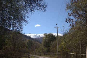 Rural Road Toward Snowy Mountains