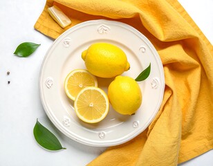Overhead view of a decorative plate with lemons and foliage