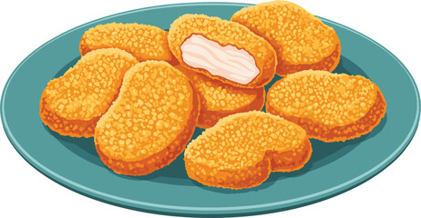 MobileCrispy chicken nuggets on plate, fried fast food snack, golden breadcrumb coating, delicious meal, junk food, flat vector illustration