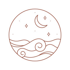 Boho isolated linear emblem.Bohemian logo design with sea,moon and stars.Modern celestial icon or symbol in trendy minimalist style.Branding design template.