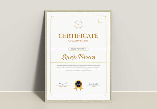 Elegant Gold Portrait Award Certificate Design of Achievement Template
