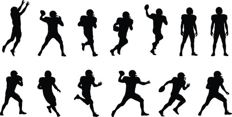 American, football, player, silhouette, action, pose, quarterback, receiver, athlete, sport, run, throw, catch, tackle, dynamic, motion, black, icon, flat, vector illustration