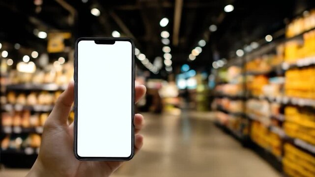 Hand holding a blank screen phone in a blurred store aisle