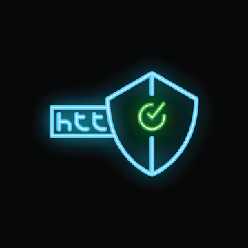 Neon https protocol symbol is glowing, representing secure website connections and data encryption