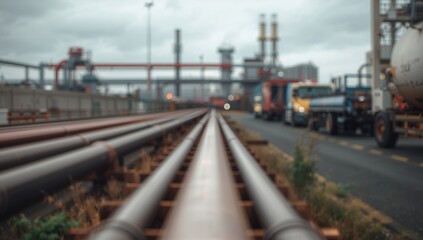 Naklejka premium Defocused abstract background of pipe factory, industrial setting, operational efficiency