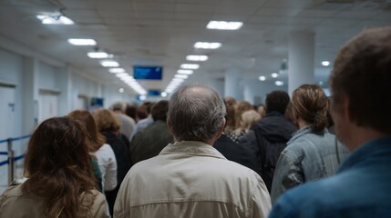Fototapeta premium A bustling crowd of diverse travelers trudges through a fluorescent-lit terminal, evoking International Migrants Day and World Tourism Day