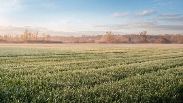 Frosted meadow during autumn at sunrise, seasonal change