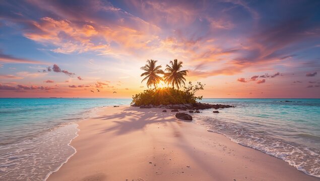 Scenic tropical island featuring a beach and coconut palm at sunset, ideal for relaxation