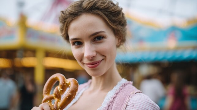 A smiling Caucasian woman holding a pretzel at Oktoberfest, evoking Bavarian charm with hints of culinary nostalgia and festivity