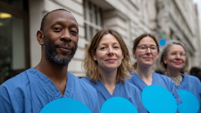 A diverse group of healthcare workers, including an African-American man and Caucasian women, celebrating resilience on Global Health Day