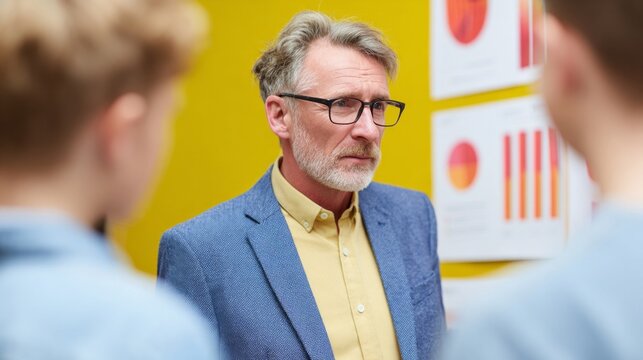 Golden-hued classroom meeting, inquisitive older Caucasian male, educational innovation, World Teachers Day inspiration, eccentric learning atmosphere - Powered by Adobe